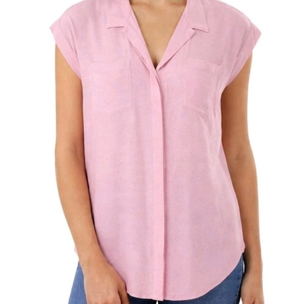 JACHS Girlfriend Lightweight Pink Camp-Collar Cap-Sleeve Blouse L